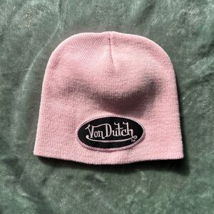 Von Dutch Pink Beanie Knit Hat One Size Embroidered Logo Brown Patch 2000s Y2K